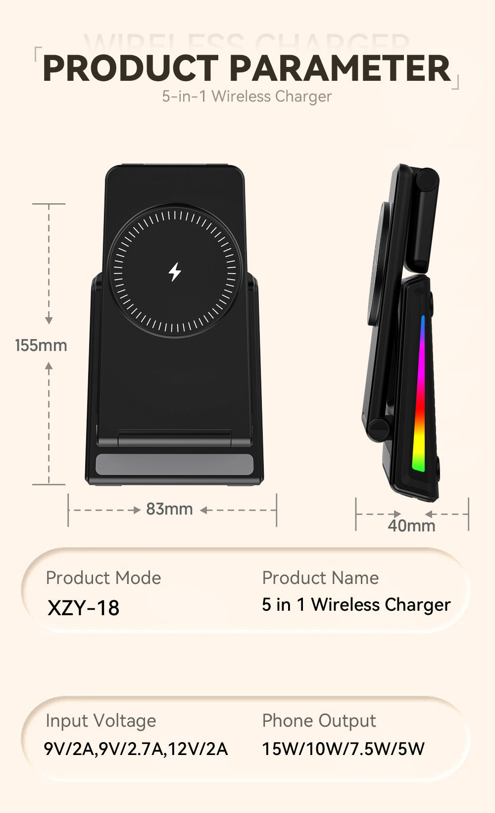 5-in-1 Wireless Charging Station: Foldable Desktop Stand & Multi-Device Charger for Smartphones, Smart Watches and Wireless Earbuds