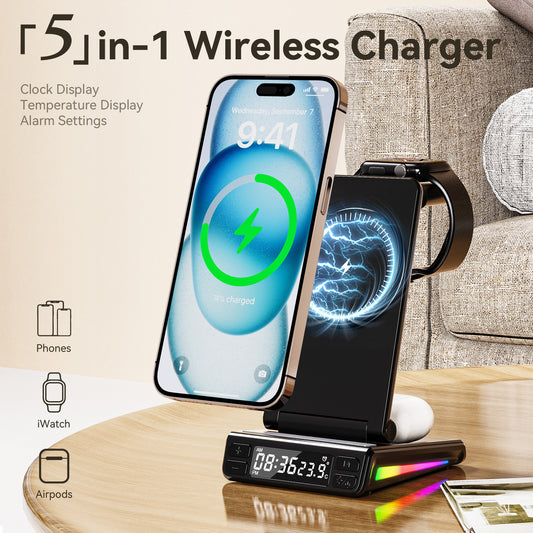 5-in-1 Wireless Charging Station: Foldable Desktop Stand & Multi-Device Charger for Smartphones, Smart Watches and Wireless Earbuds