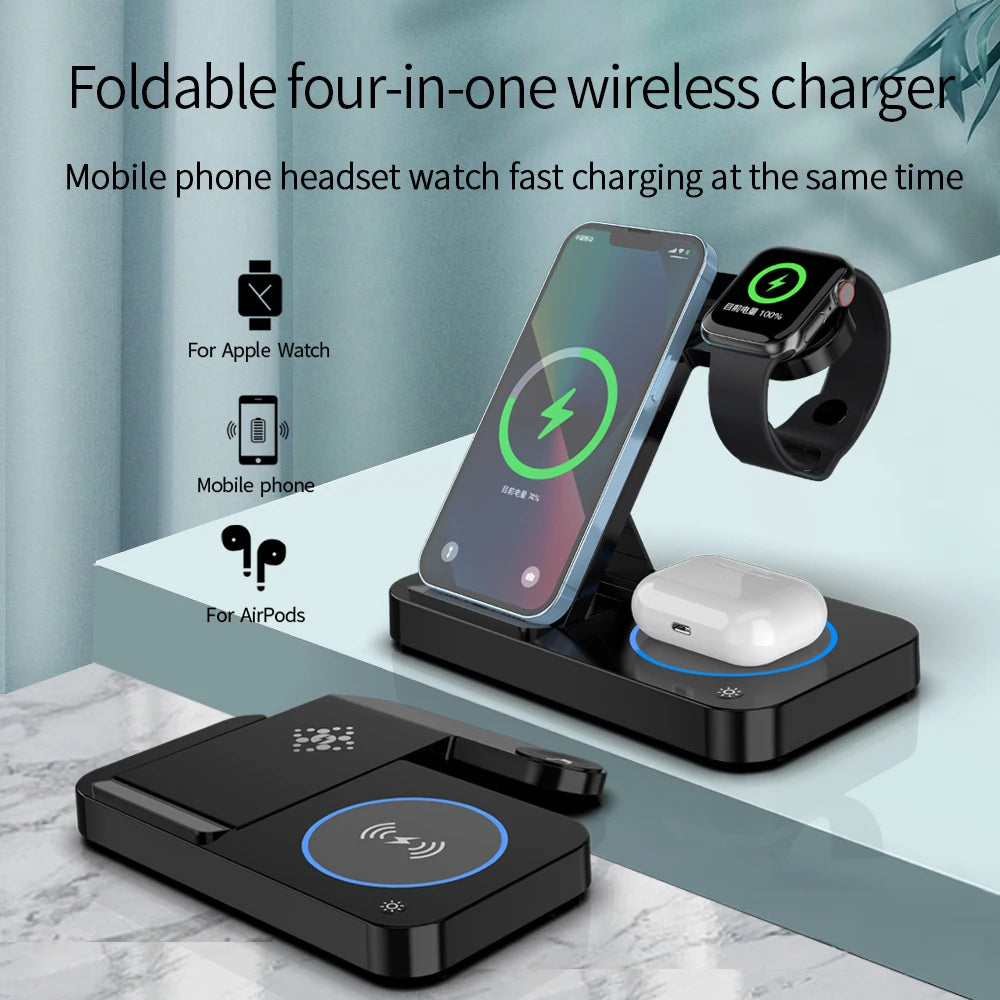 15W  4 in 1 Wireless Charger Clock Pad for iPhone 13 12 11 Pro 8 Wireless Charging Stand for Apple Watch 7 6 SE AirPods Pro 3