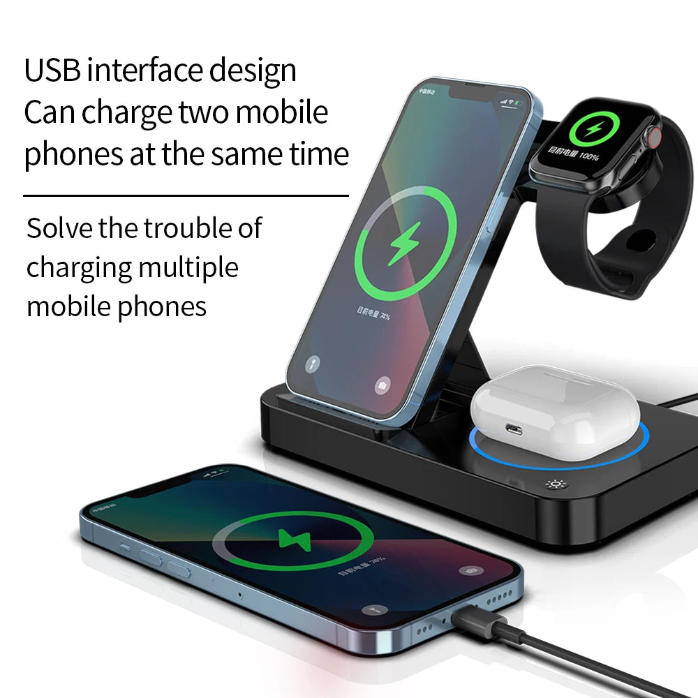 15W  4 in 1 Wireless Charger Clock Pad for iPhone 13 12 11 Pro 8 Wireless Charging Stand for Apple Watch 7 6 SE AirPods Pro 3