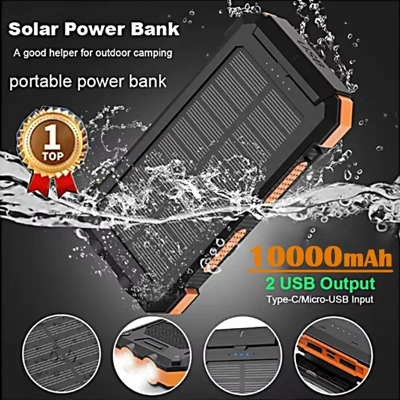 10000mAh Portable Solar Power Bank Poverbank External Battery Fast Charging Waterproof Power Bank with SOS Flashlight for Xiaomi