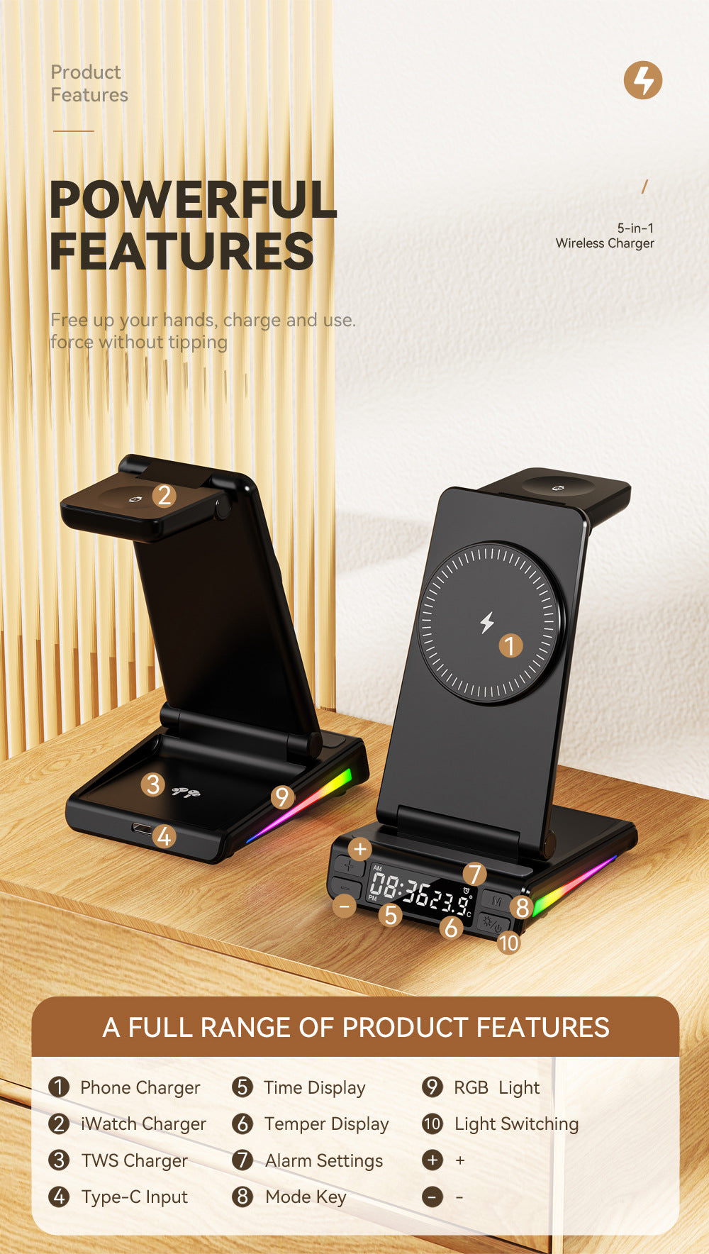 5-in-1 Wireless Charging Station: Foldable Desktop Stand & Multi-Device Charger for Smartphones, Smart Watches and Wireless Earbuds