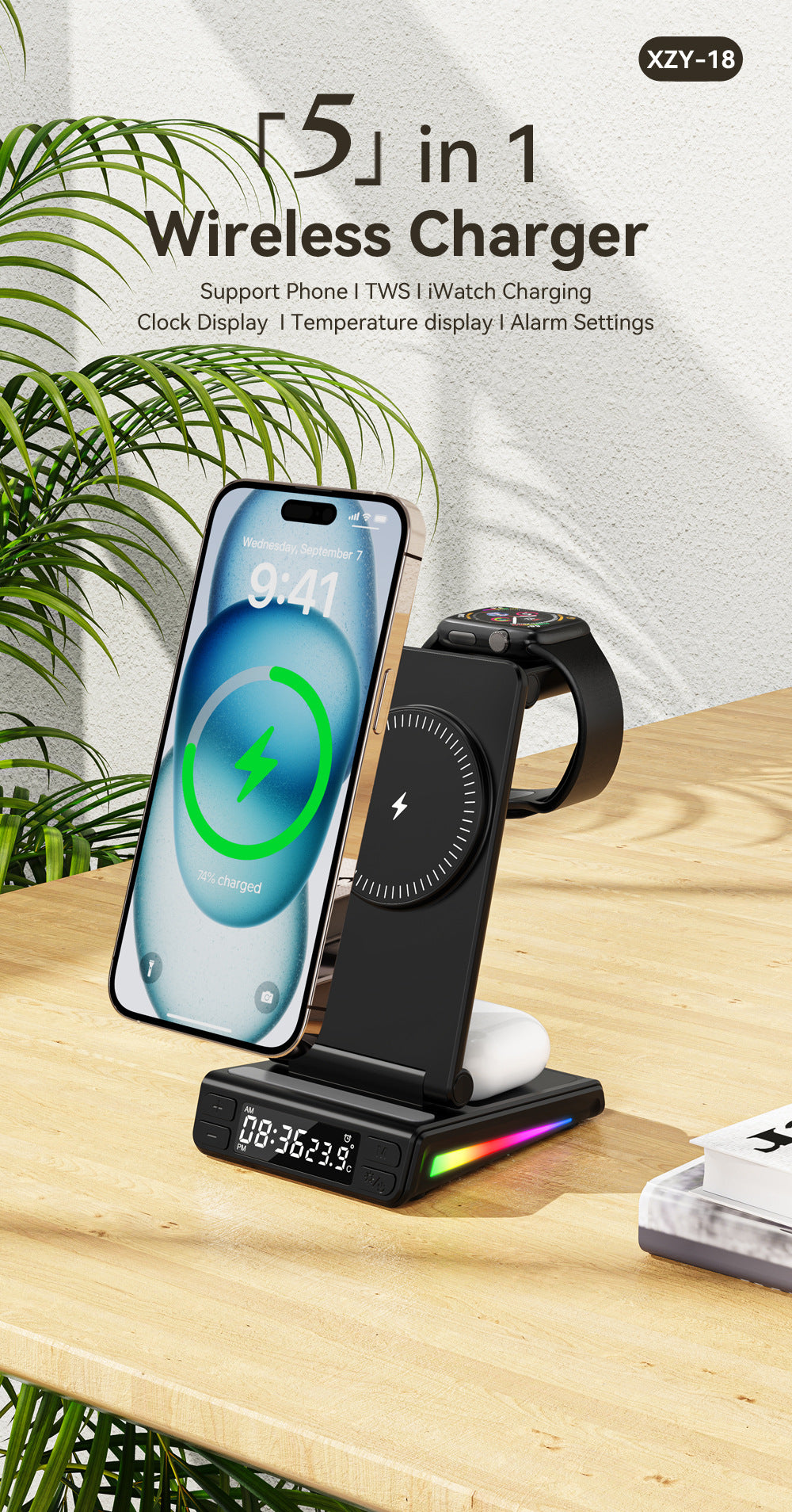 5-in-1 Wireless Charging Station: Foldable Desktop Stand & Multi-Device Charger for Smartphones, Smart Watches and Wireless Earbuds